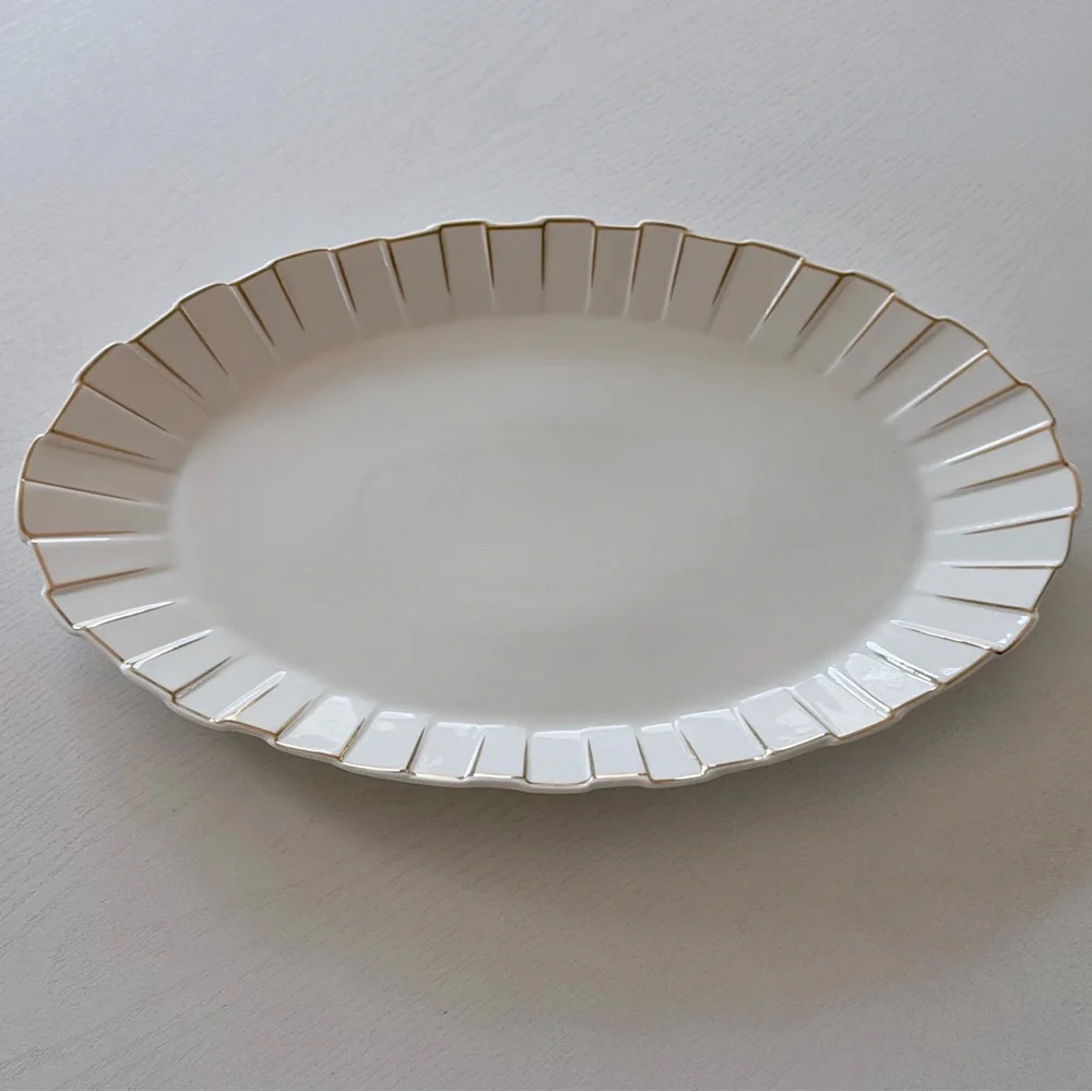 Oval Scalloped Ceramic Platter with Gold Tone Trim Accent